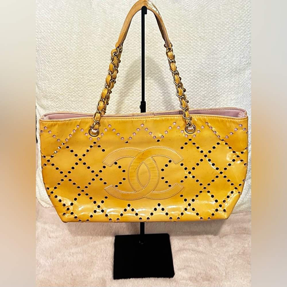 Authentic Chanel Perforated Patent Leather Golden/Yellow Tote Bag